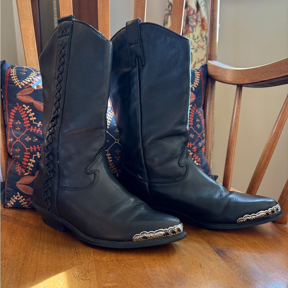 Black Leather Boots Western Vintage Cowboy Cowgirl Zodiac 90s Silver Onyx